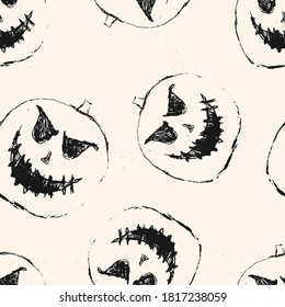 Halloween vector seamless pattern. Black and white abstract texture with scary pumpkin face, Jack o lantern silhouette. Simple monochrome background. Creepy design for decor, print, wrapping, cover