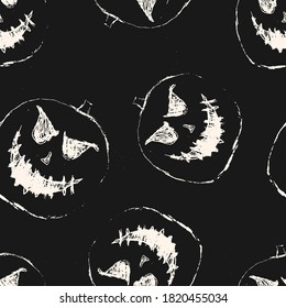 Halloween vector seamless pattern. Black and white abstract texture with scary pumpkin face, Jack o lantern silhouette. Simple monochrome background. Creepy dark design for decor, print, wrapping