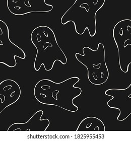 Halloween vector seamless pattern. Black and white abstract texture with scary face, ghost silhouette. Simple monochrome linear background. Creepy funny dark design for decor, print, wrap, cover