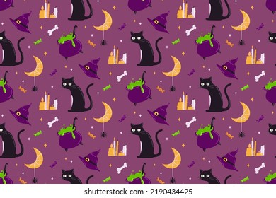 Halloween vector seamless pattern. Black cat, potion in cauldron, crescent moon, witch hat, sweets and candies. Ideal for wrapping paper, fabrics, printing and postcards