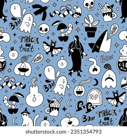 Halloween vector seamless pattern black and white on blue background, with ghosts, cute monsters, trick or treat lettering and other holiday cartoons
