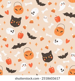 Halloween vector seamless pattern with black cat, pumpkins, ghosts, skull, bones, bats. Cute autumn texture on beige background. 