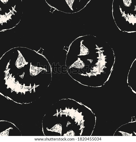 Halloween vector seamless pattern. Black and white abstract texture with scary pumpkin face, Jack o lantern silhouette. Simple monochrome background. Creepy dark design for decor, print, wrapping