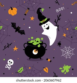 Halloween vector seamless pattern. Cartoon ghosts background. Autumn funny print. 