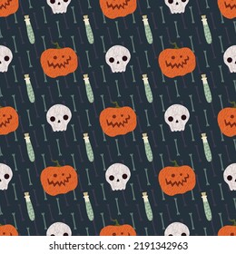 Halloween vector seamless pattern in cartoon style on black background. Pattern with pumpkins and candles 
