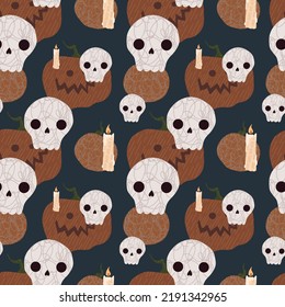 Halloween vector seamless pattern in cartoon style on black background. Pattern with pumpkins and candles 