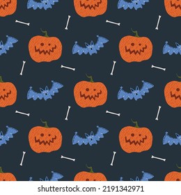 Halloween vector seamless pattern in cartoon style on black background. Pattern with pumpkins and candles 