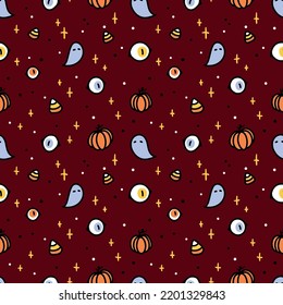 Halloween vector seamless pattern with cartoon doodle elements: eyes, pumpkins, ghosts, stars. for wrapping paper, textiles, design.