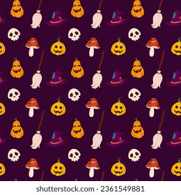 Halloween vector seamless pattern. Cartoon pumpkins, witches broom and hat, skull, worm mushroom with spider