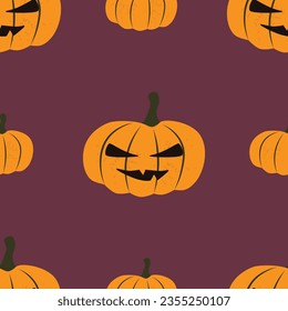 Halloween vector seamless pattern with carved pumpkins on a dark background