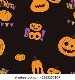 Halloween vector seamless pattern with carved pumpkins on a dark background