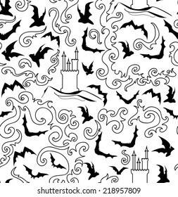 Halloween vector seamless pattern with castle and flying bats
