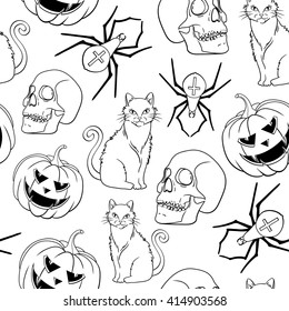 Halloween vector seamless pattern with cat, spider and pumpkin