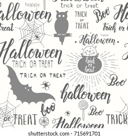 Halloween vector seamless pattern with cauldron, web, spider, bat, owl and hand made lettering. Pattern can be used for wallpaper, web page background, surface textures.