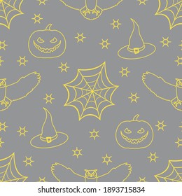 Halloween vector seamless pattern with cobweb, eagle owl, pumpkin, hat, witch, stars. Design for party card, wrapping, fabric, print. Illuminating and Ultimate Gray.