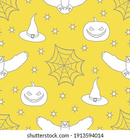 Halloween vector seamless pattern with cobweb, eagle owl, pumpkin, hat, witch, stars. Design for party card, wrapping, fabric, print. Illuminating and Ultimate Gray.