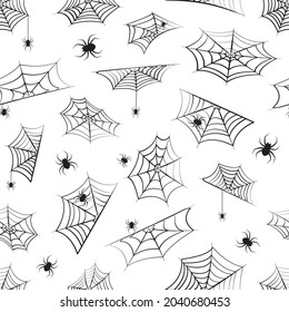 Halloween vector seamless pattern, cobweb and hanging spiderweb . Black spider background, horror print for holiday decoration. Hand drawn design. Creepy illustration