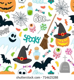 halloween vector seamless pattern with a cobweb, cute ghost, bat, magic hat, smiling pumpkin, candy, eyes and bottles