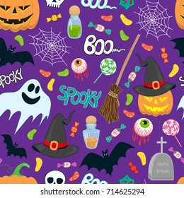 halloween vector seamless pattern with a cobweb, cute ghost, bat, magic hat, smiling pumpkin, candy, eyes and bottles