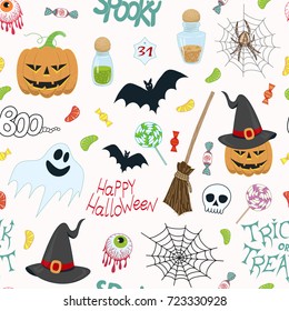 halloween vector seamless pattern with a cobweb, cute ghost, bat, magic hat, smiling pumpkin, candy, eyes and bottles
