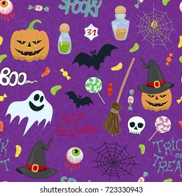 halloween vector seamless pattern with a cobweb, cute ghost, bat, magic hat, smiling pumpkin, candy, eyes and bottles