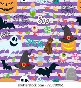 halloween vector seamless pattern with a cobweb, cute ghost, bat, magic hat, smiling pumpkin, candy, eyes and bottles
