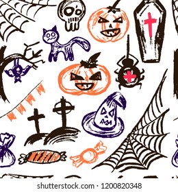 Halloween. Vector Seamless pattern. Collection of festive elements. Autumn holidays. Pumpkin, cobweb, skull, coffin, tree, bat, cemetery, candy, spider, flags, cat, witch hat