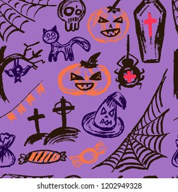 Halloween. Vector Seamless pattern. Collection elements. Autumn holidays. Pumpkin, cobweb, skull, coffin, tree, bat, cemetery, candy, spider, flags, cat, witch hat