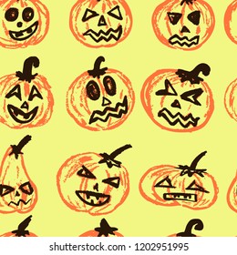 Halloween. Vector Seamless pattern. A collection of funny faces. Autumn holidays. Fun, children, traditions