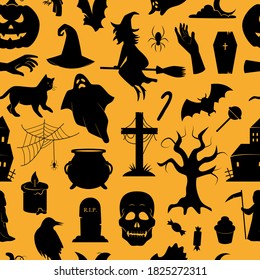 Halloween vector seamless pattern. Collection of traditional Halloween symbols and props.
