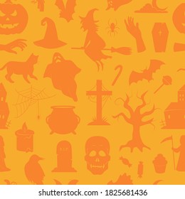Halloween vector seamless pattern. Collection of traditional Halloween symbols and props.
