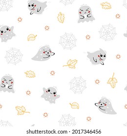 Halloween Vector Seamless Pattern. Cute Kawaii halloween Ghosts with Autumn Leaves, Spider Web and Stars. Fun Wallpaper for Kids Vector illustration