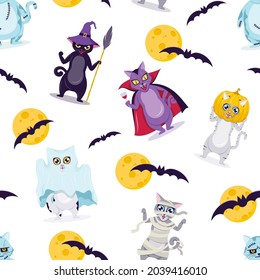 Halloween Vector Seamless Pattern. Cute Spooky Cats. Cartoon Characters. Mummy, Vampire, Ghost, Witch, Zombie, Pumpkin Costumes. 