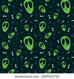 Halloween vector seamless pattern. Cute scary alien, ghost, zombie print. Monster background for kid. Alien dark crazy cartoon. Horror fun vector illustration. Halloween psychedelic pattern.