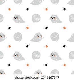 Halloween Vector Seamless Pattern. Cute Kawaii halloween Ghosts with Speech Bubble and Stars. Fun Wallpaper for Kids.  