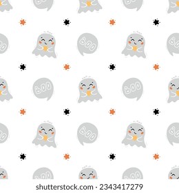 Halloween Vector Seamless Pattern. Cute Kawaii halloween Ghost with Speech Bubble and Stars. Fun Wallpaper for Kids