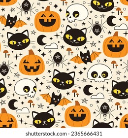 Halloween vector seamless pattern with cute funny characters: pumpkins, skulls, black cats and bats in black and orange colors on light background.