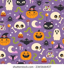 Halloween vector seamless pattern with cute cartoon pumpkins, skulls, black cats, ghosts, bats, spider sand moths on purple background.