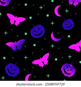 Halloween Vector Seamless Pattern with Cute Cartoon Pumpkins, Crescent Moons, Stars, Moths on Black Background.
