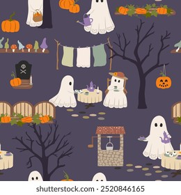 Vector de Halloween sin patrón. Fantasmas lindos bebiendo té, calabazas de otoño, árboles desnudos, tumba, taburetes de sapo sobre fondo púrpura oscuro. Diseño fantasmagórico de la repetición de la noche para la decoración estacional