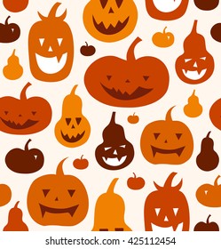 Halloween vector seamless pattern. Decorative background with funny drawing pumpkins. Cute silhouettes