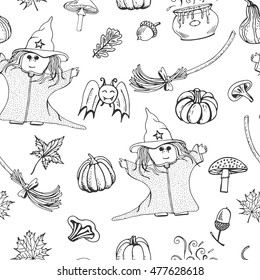 Halloween vector seamless pattern, decorative elements with cute witch, bat, pumpkin, magical attributes . Hand drawn illustration for greeting card. Holiday background.
