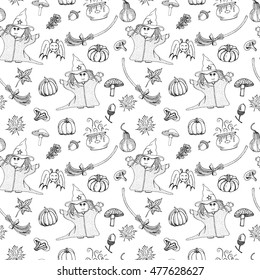 Halloween vector seamless pattern, decorative elements with cute witch, bat, pumpkin, magical attributes . Hand drawn illustration for greeting card. Holiday background.
