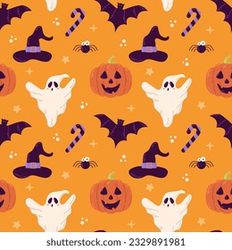 Halloween vector seamless pattern design with ghost, pumpkin and bat