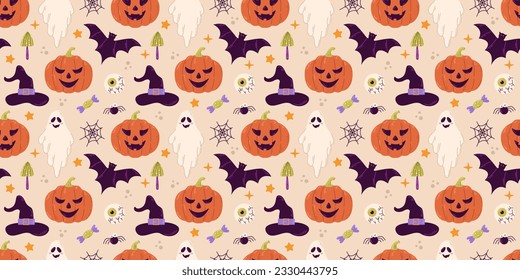 Halloween vector seamless pattern design with pumpkin, bat, spider and ghost