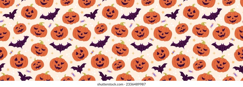 Halloween vector seamless pattern design with pumpkin, bat and candies