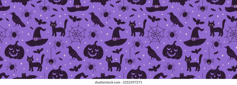 Halloween vector seamless pattern design with hat witch, pumpkin, bat, cat and raven. Magic holiday background.