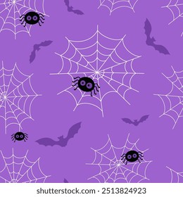 halloween vector seamless pattern design with spiders, bat and spiders web, magic holiday background