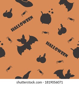 Halloween vector seamless pattern with different elements on orange background. Suitable for printing,  textile, t-shirt, pillow, wallpaper and advertising.