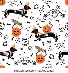 Halloween vector seamless pattern with dog breed dachshund in skeleton costume, pumpkins with cut out faces and doodle elements black color.Background and texture for printing on fabric and paper.